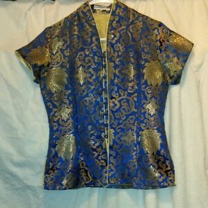 Dragon Silk Blue & Gold Brocade Top Size 36/S/M